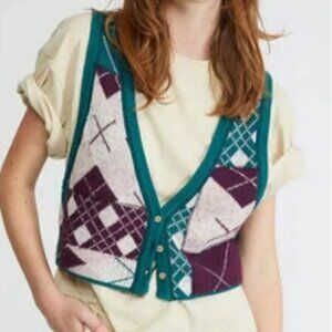 Free People Camilla Cropped Button Sweater Vest Plum/Green Size XS